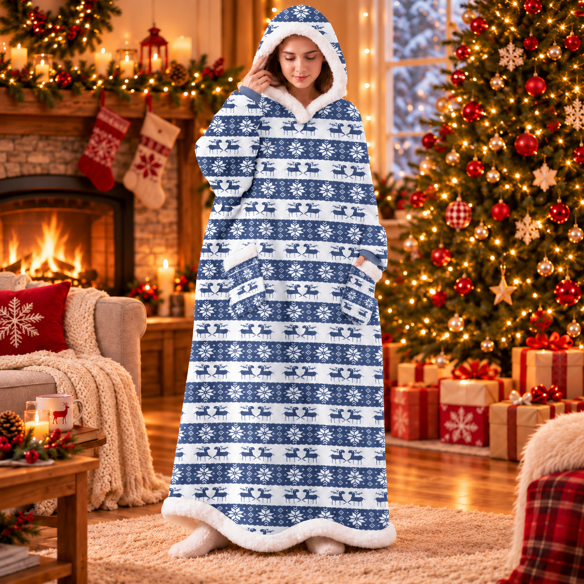 Reindeer Print Wearable Hooded Christmas Blanket