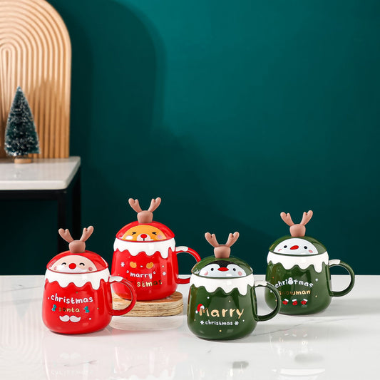 Reindeer Christmas ceramic mug with lid and spoon