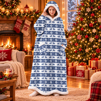 Reindeer Print Wearable Hooded Christmas Blanket