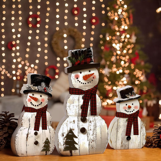 Set of 3 rustic wooden snowman figurines