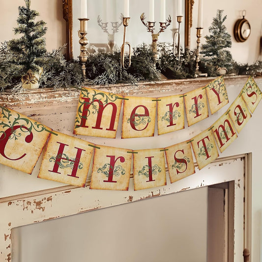 Vintage Merry Christmas mantel banner
