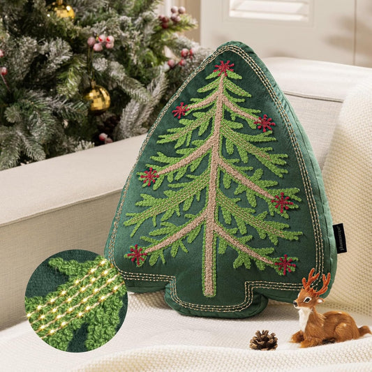 Green velvet Christmas tree-shaped throw pillow