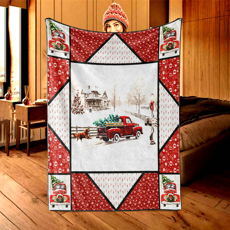 Truck & Chasing Pup flannel Christmas throw blanket