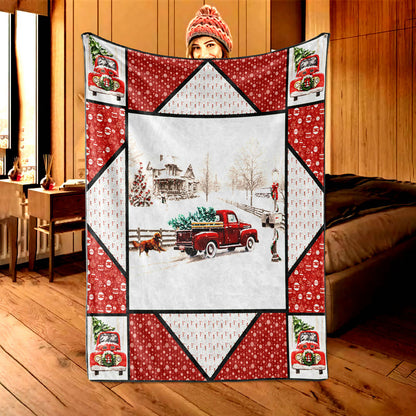 Truck & Chasing Pup flannel Christmas throw blanket