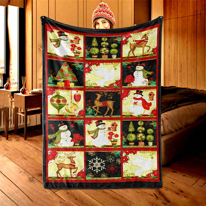 Snowman & Reindeer flannel Christmas throw blanket