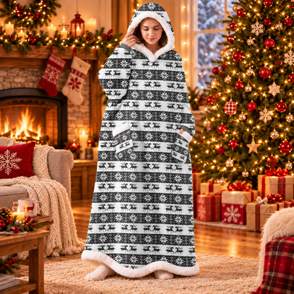 Reindeer Print Wearable Hooded Christmas Blanket