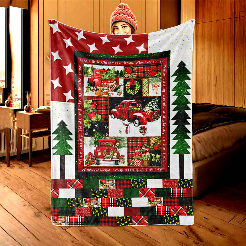 Three Christmas Trucks flannel Christmas throw blanket